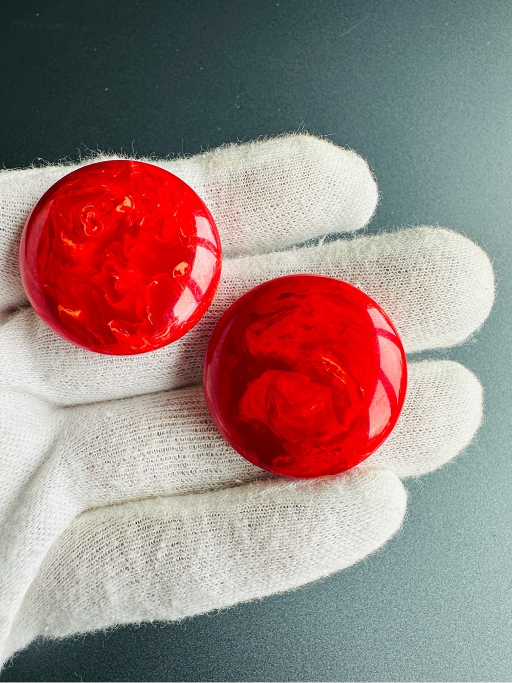 1930s BAKELITE Marbled Red Button Earrings Vintage Screw Back Large 1.25" Tested
